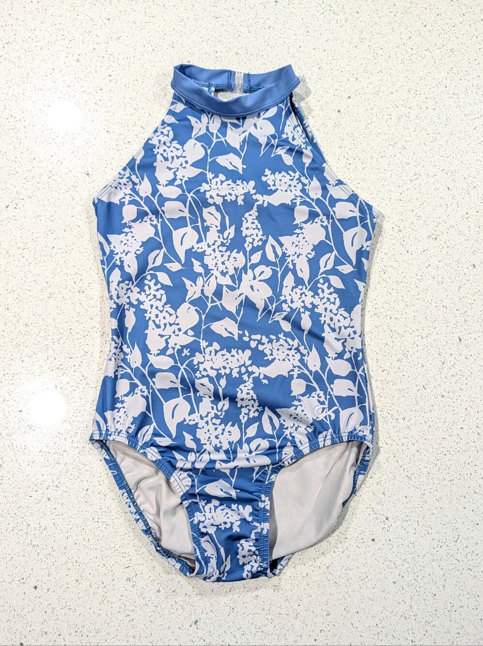 GK Elite AM Medium Gymnastics Dance Leotard KEYHOLE Back High Neck Blue FLORAL